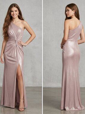 Adrianna Papell One Shoulder Metallic Dress KnotDetail dusted petal pink Size 14